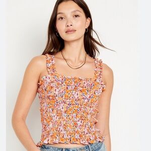Old Navy Orange Floral Smocked Tank Top